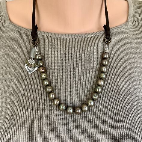 Handcrafted Chunky Pearls and Leather Necklace or Hatband with Sterling Silver Heart Pendant- Unique Sundance Style Statement Jewelry Boho Mother, Chunky Pearl Necklace, Whimsical Necklace, Sundance Style, Chunky Pearls, Sterling Silver Heart Pendant, Silver Heart Pendant, Multi Strand Necklace, Hat Band