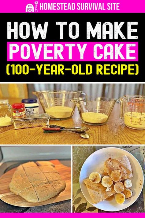 Poverty cake is an ancient and very simple recipe born out of lean times. It’s made from ingredients you probably already have on hand. Arkansas Recipes, Old Time Recipes, Survival Recipes, Homestead Lifestyle, Homemade Marshmallow Recipe, Survival Preparedness, Bread Pull Apart Recipes, Bush Craft, Ancient Recipes