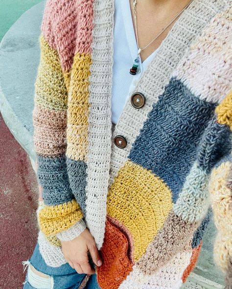 A woman wearing a crochet patchwork cardigan pattern. Cardigan Border Crochet, Crochet Patterns Leftover Yarn, Square Crochet Cardigan Pattern, Colorful Crochet Sweater Pattern, Scrap Cardigan, Finish Off Crochet, Crochet Cardigan Easy Free, Striped Cardigan Crochet Pattern, Crochet Cardigan Two Colors