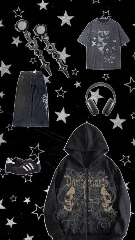 #dark #black #Y2K #star #baggy Y2k Star, Black Y2k, Dark Black, Outfit Accessories, Stars, Clothes, Black