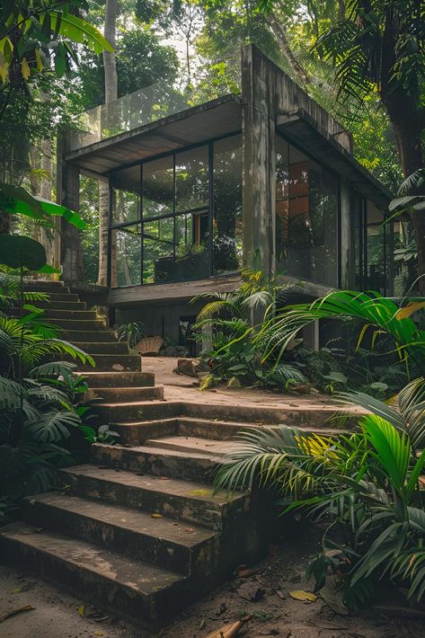 Rainforest House Interior, Japanese Zen House, House In Jungle, Tree House Architecture, Pnw House, House In The Jungle, Cottage Village, Home Jungle, Beautiful Tree Houses