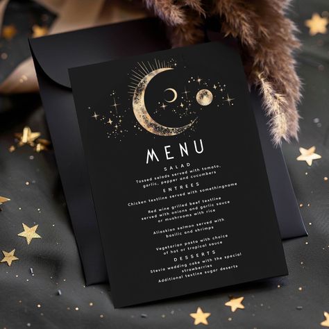 Starry night and crescent moon black and gold wedding menu cards Starry Night Wedding Reception, Gala Planning, Starry Night Moon, Night Sky Wedding, Gold Bridal Party, Celestial Wedding Theme, Galaxy Wedding, Sweet Sixteen Birthday Party Ideas, Black And Gold Wedding