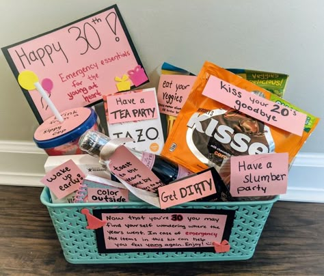 The perfect 30th birthday gift basket complete with all of the essentials to stay young at heart. 💕 Thirtieth Birthday Gift Ideas, 30th Birthday Gifts For Friend, 30th Basket Gift Ideas, Sister Birthday Basket Ideas, Birthday Baskets For Sister, 30 Birthday Present Ideas, 30th Birthday Basket Ideas For Women, Turning 30 Gift Basket, 30th Birthday Gift Ideas For Best Friend