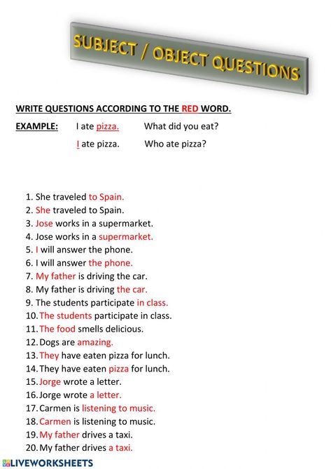 Object-Subject questions worksheet How To Make Questions Worksheet, Do Does Questions Worksheet, Indirect Questions Worksheet, Where Questions Worksheet, Subject Verb Object, Live Worksheet, Questions In English, Parts Of A Sentence, Subject Object