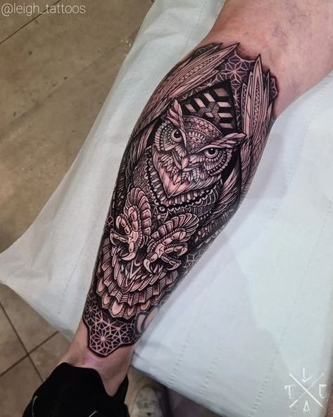 Best Calf Tattoos Men, Mens Calf Tattoo, Bae Tattoo, Owl Legs, Tattoo Calf, Calf Tattoo Men, Geometric Owl, Leg Tattoo Men, Leg Sleeve Tattoo