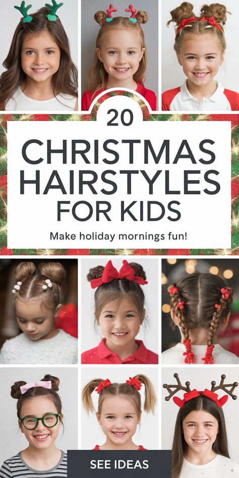 Make the holiday season memorable with 20 Christmas hairstyles for kids 2024-2025, designed for short, long, and curly hair. These cute hairstyles include easy braids, playful buns, and natural styles that are perfect for any festive event. Add beads to black hair for a classic look, or try a simple bun with tinsel for extra sparkle. These hairstyles are ideal for keeping kids stylish and comfortable throughout the celebrations. Christmas Hair Styles For Kids Simple, Simple Buns, Christmas Hairstyles For Kids, Hairstyles Work, Simple Bun, Short Hair For Kids, Kids Short Hair Styles, Concert Hairstyles, Cute Buns