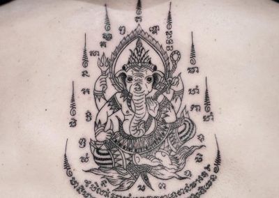 Sak Yant Traditional Thai Tattoos - All Day Tattoo Studio in Bangkok Thai Tattoos, Traditional Thai Tattoo, Hindu Tattoos, Hindu Tattoo, Thai Elephant, Bamboo Tattoo, Sak Yant Tattoo, Elephant Tattoo Design, Ganesha Tattoo