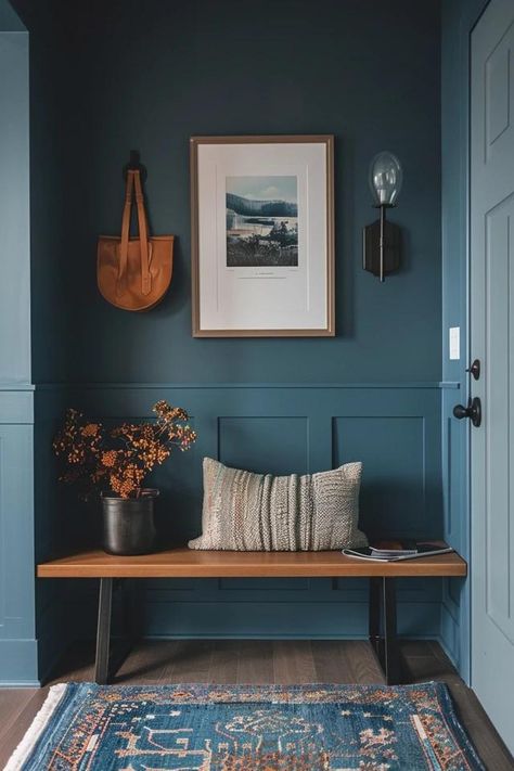 Charming Farmhouse Entryway Bench Ideas Farmhouse Entryway Bench, Entryway Bench Ideas, Blue Entryway, Farmhouse Bench Diy, Rustic Entry, Wall Bench, Beautiful Entryways, Elegant Console Table, Rustic Entryway