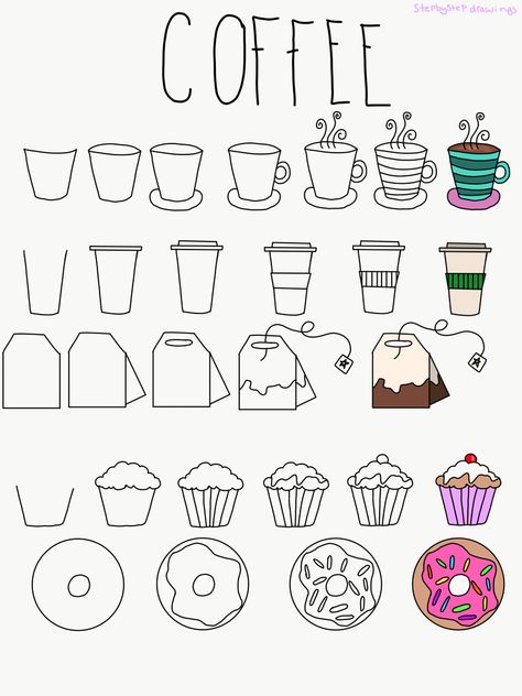 Cafe Bujo Theme, Step By Step Cute Doodles, Bujo Doodles Ideas, Doodling Step By Step, How To Draw A Muffin, Study Cake Design, Doodle Ideas Step By Step, Lettering Doodle Design Ideas, Doodles How To