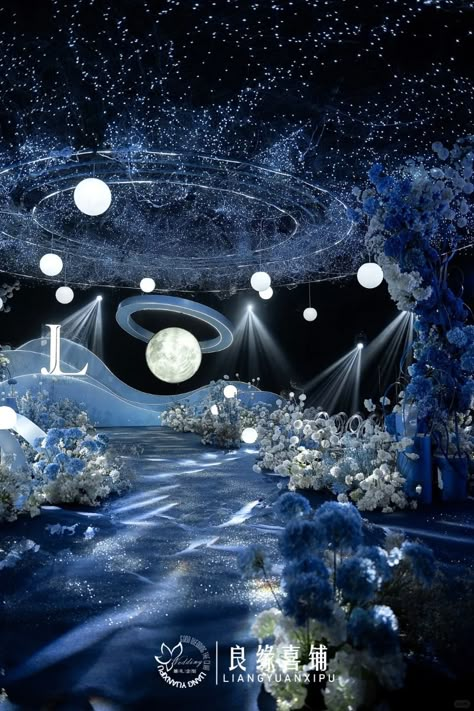 Galaxy Debut Theme, Moon Debut Theme, Galaxy Themed Event, Space Theme Wedding Decor, Starry Night Event Decor, Starry Night Party Theme Decoration, Starry Night Sangeet Decor, Celestial Wedding Theme Starry Nights, Debut Venue Design