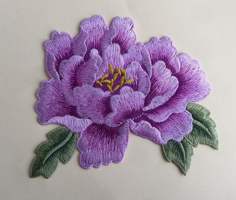 Purple Colour Peony Flower Sew On Embroidered Patch Appliqués Badge | eBay Peony Embroidery Pattern, Peony Embroidery, Diy Embroidery Designs, Hand Embroidery Videos, Hand Work Embroidery, Hand Embroidery Projects, Hand Embroidery Flowers, Embroidery On Clothes, Embroidery Floral