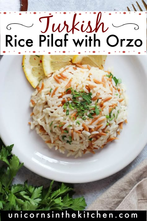 This is the best Turkish rice pilaf with orzo recipe! Fluffy and tender restaurant quality pilaf is made with only 4 ingredients and is ready in 30 minutes. You can serve it with almost anything including chicken, kebabs, or veggies. Toasted orzo adds so much flavor to this pilaf! This is a great alternative to heavy side dishes and is a new way to enjoy rice! Rice Pilaf With Orzo, Toasted Orzo, Turkish Food Traditional, Turkish Rice, Orzo Recipe, Rice Pilaf Recipe, Pilaf Recipes, Greek Lemon Chicken, Orzo Recipes