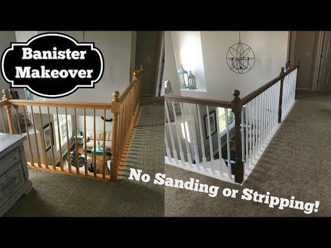 This video tutorial demonstrates how to stain a banister without sanding or stripping using General Finishes Gel Stain and paint with water based primer and pai… Oak Banister Makeover, Staining Stairs, Banister Makeover, Refinish Stairs, Banister Remodel, Wood Banister, Oak Banister, Stairs Makeover Design, General Finishes Gel Stain