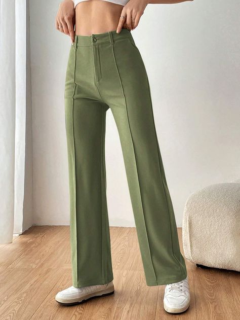 SHEIN EZwear Women Solid Color Simple Daily Suit PantsI discovered amazing products on SHEIN.com, come check them out! Business Formal, Mens Plaid, Green Pants, Suit Pants, Amazing Products, Straight Leg Pants, Army Green, All Fashion, Suits For Women