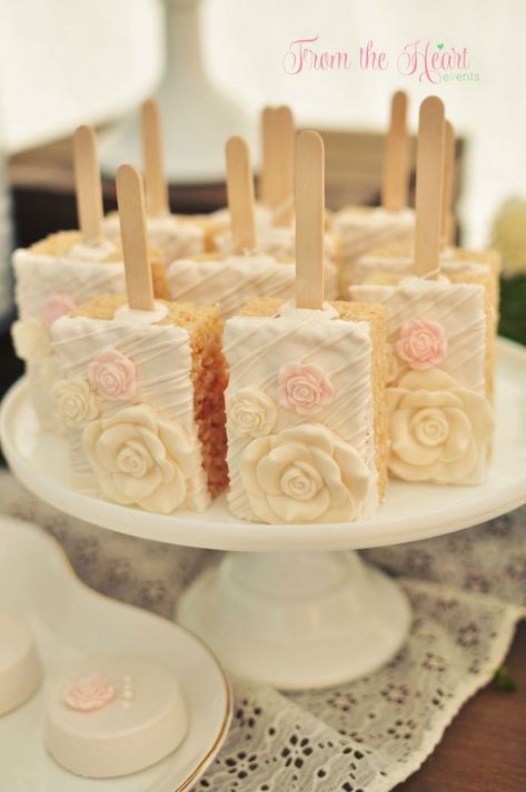 Rice Krispie Treats on Sticks from a Rustic Chic Engagement Party via Kara's Party Ideas | KarasPartyIdeas.com (12) Gluten Free Rice Crispy Treats, Treats Birthday Party, Chic Engagement Party, Patisserie Fine, Rice Recipes For Dinner, Wedding Treats, Gluten Free Rice, Rice Crispy Treats, Crispy Treats