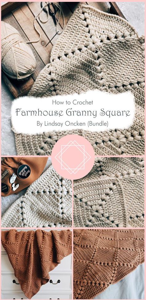 Take your crocheting to the next level and learn a new technique with this granny square craft pattern bundle. Inside you’ll find the Farmhouse Granny Square pattern by Lindsay Oncken and two other easy granny square patterns to help your skills develop. Farmhouse Granny Square Pattern, Farmhouse Granny Square, Blanket Crochet Ideas, Granny Square Blanket Crochet, Granny Square Ideas, Granny Square Pattern Free, Modern Crochet Blanket, Crochet Square Blanket, Crochet Granny Square Afghan