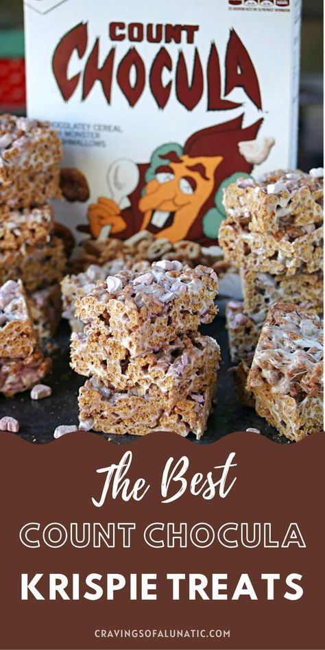 Rice Krispie Treat Packaging, Count Chocula Recipes, Count Chocula Treats, Monster Rice Krispie Treats, Count Chocula Cereal, Cereal Desserts, Monster Cereal, Halloween Rice Krispie Treats, Count Chocula