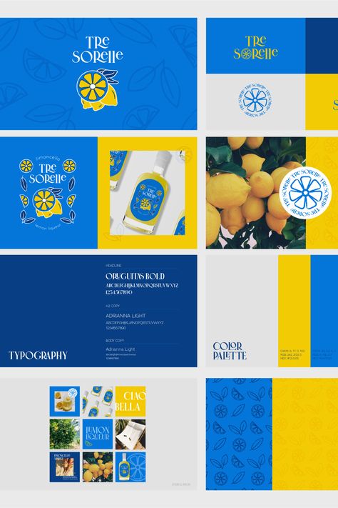 Brand Guidelines for Tre Sorelle, a fictional limoncello made from the freshest Italian lemons. I love the way the bold color palette makes this a sophisticated and modern limocello brand unlike what you typically see on shelves. #brandingguidelines #brandguidelines #branding #logodesign #brandidentity #branddesign #designer #graphicdesigner #limoncellobrand #limoncello #brandingstudio Limoncello Color Palette, Yellow Branding Palette, Brand Guidelines Color Palette, Color Palette Brand Guidelines, Greek Colors Palette, Color Palette Presentation Design, Brand Design Presentation, Lemon Palette, Branding Mood Board Visual Identity