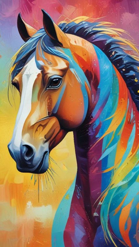 Caballo Hours Animal Art, Colourful Horse Painting, Horse Pop Art, Easy Horse Painting, Colorful Horse Art, Colorful Horse Painting, Colorful Animal Paintings, Abstract Horse Art, Horse Art Drawing