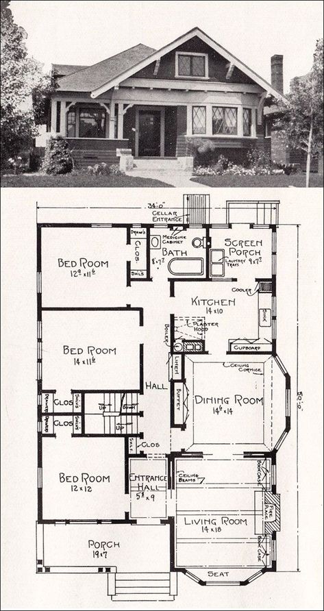 Historic Bungalow, Vintage Bungalow, Bungalow Plan, Construction Drawing, Vintage Floor Plans, Small Bungalow, Bungalow Floor Plans, California Bungalow, Cottage Floor Plans