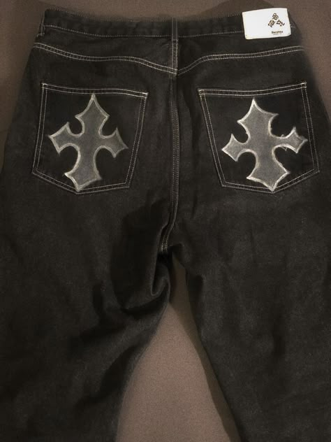 Customized Baggy Jeans, Baggy Cross Jeans, Cross On Pants, Crosses On Jeans, Jeans With Crosses Y2k, Cross Jeans Y2k, Custom Baggy Jeans, Pants With Crosses, Jeans Customization