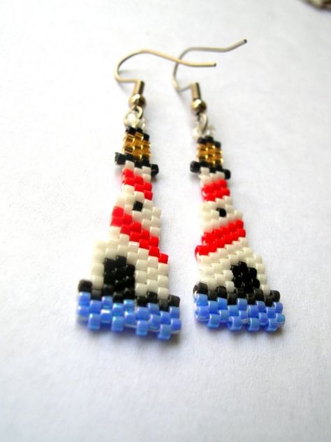 Lovely Lighthouse Beaded Dangle earrings by fantasybeader on Etsy Lighthouse Earrings, Simple Diy Crafts, Beaded Jewelry Earrings, Bead Earring, Brick Stitch Earrings, Beach Earrings, Beaded Earrings Patterns, Beaded Crafts, Jewelry Design Earrings