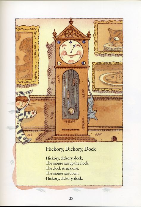 Hickory Dickory Dock from the Oxford Nursery Book Hickory Dickory Dock Illustration, Nursery Rhyme Week, Fairy Tale Nursery, Hickory Dickory Dock, Songs For Toddlers, Nursery Book, Old Clock, Nursery Rhymes Songs, Ib Art