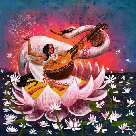 Sarasvati Ma Painting, Saraswati Canvas Painting, Canvas Painting Ideas Indian, Mataji Painting, One Colour Painting, Saraswati Painting, Maa Saraswati, God Painting, Ganesh Art Paintings