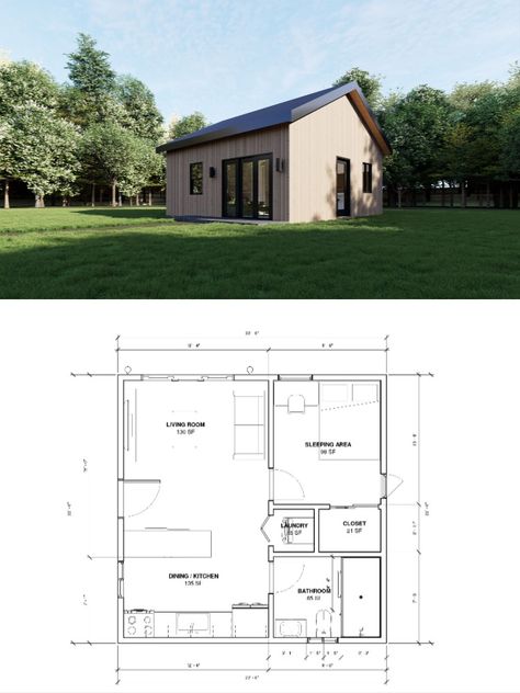 This beautiful modern cabin house plan is 22'x22' (484 sq ft.) or 6.7mx6.7m (45 s.q.m) and has 1 bedroom and 1 bathroom. The living area and kitchen in this contemporary-styled cottage have spacious windows, high ceilings, and an open floor layout. It allows you to enjoy wonderful views and have a bright interior thanks to its large sliding doors. When you buy this package, you receive all of the building's architectural drawings in PDF format. Modern Cabin House Plans, Unique Modern House, House Plans Layout, One Floor House Plans, Modern Cabin House, Getaway House, 4 Bedroom House Designs, Cabin Plan, Bright Interior