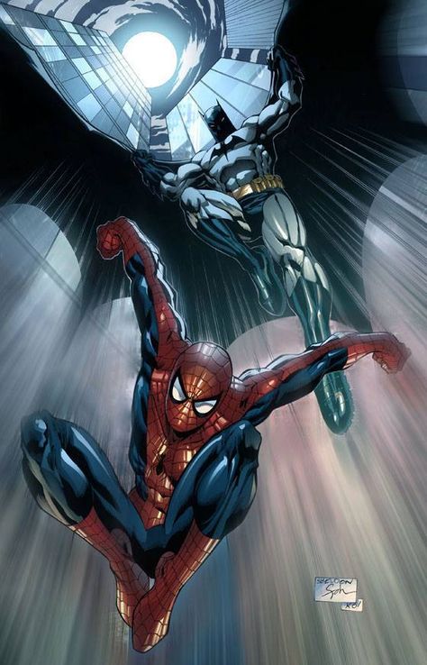 #Spiderman #Fan #Art. (Batman and Spider-Man) By: Sheldon Goh. (Inks) By: Tony Kordos. (Colours) By: Bryan Magnaye. ÅWESOMENESS!!!™ ÅÅÅ+ Miss Hulk, Marvel And Dc Crossover, All Spiderman, Image Spiderman, Batman Spiderman, J Scott Campbell, Univers Dc, Spiderman Artwork, Spectacular Spider Man