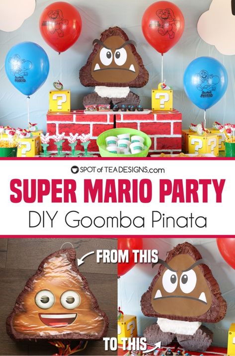 Super Mario Party | DIY Goomba Pinata - Spot of Tea Designs Diy Rainbow Road Mario, Diy Goomba, Diy Mario Party Decorations, Mario Party Diy, Diy Super Mario Decorations, Diy Mario Decorations, Super Mario Diy, Emoji Pinata, Super Mario Gifts