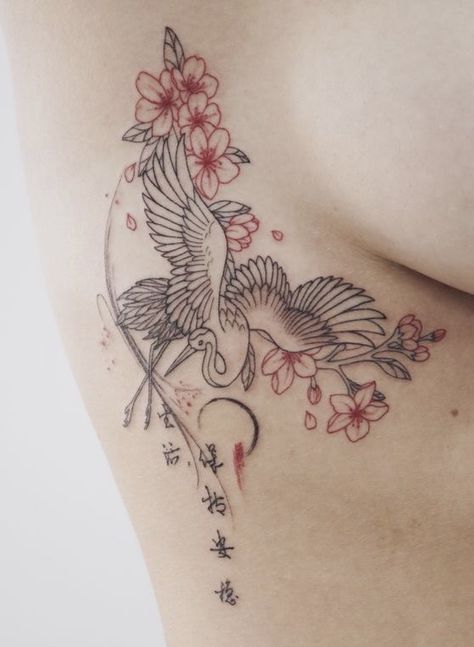 •Crane w/ Cherry Blossoms Crane Tattoo, 12 Tattoos, Pretty Tattoos For Women, Red Tattoos, Small Hand Tattoos, Girly Tattoos, Subtle Tattoos, Rib Tattoo, Hip Tattoo