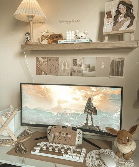 Cream Gaming Setup, Beige Gaming Aesthetic, Cozy Streamer Setup, Beige Pc Setup, Cozy Pc Setup Aesthetic, Switch Desk Setup, Brown Pc Setup, Neutral Gaming Setup, Cottagecore Setup