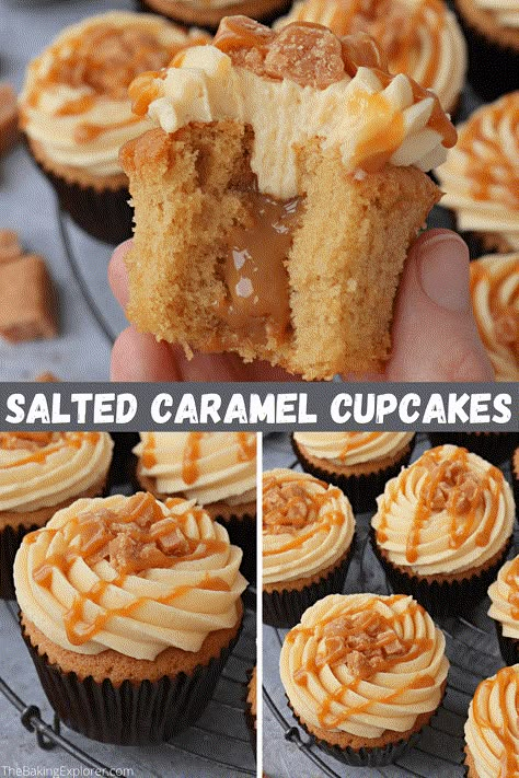 Recipe for Salted Caramel Cupcakes with salted caramel buttercream, filled with salted caramel sauce and decorated with salted caramel fudge #thebakingexplorer #saltedcaramel #cupcakes #cupcakerecipe #saltedcaramelcupcakes Salted Caramel Buttercream, Salted Caramel Cupcakes, Caramel Cupcakes, Salted Caramel Fudge, Caramel Buttercream, Caramel Fudge, Salted Caramel Sauce, Caramel Recipes, Easy Baking Recipes Desserts