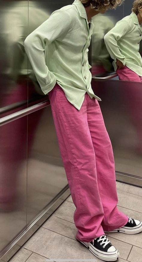 Men Pink Pants Outfits, Barbie Outfit Inspo Men, Pink Men Outfit Aesthetic, Bright Colored Outfits Men, Men Barbiecore, Masc Barbie Outfit, How To Style Bright Pink Pants, Pink Mens Outfits Aesthetic, Pink And Green Outfit Men