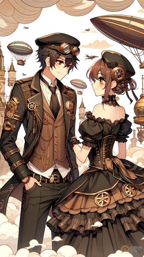 Experience the romance and intrigue of steampunk through the captivating gaze of this anime couple. In their eyes, a world of love and adventure unfolds. Men Steampunk Outfit, Steampunk Male Outfit, Steampunk Outfits Male, Steampunk Art Characters, Couple Phone Wallpaper, Anime Steampunk, Steampunk Couple, Steampunk Boy, Steampunk Male