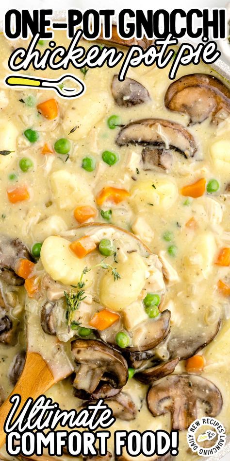 If you're having a comfort food night, this gnocchi chicken pot pie is a must-have with its creamy, savory flavors that are the epitome of comfort food. Gnocchi Chicken Pot Pie, Gnocchi Chicken, Chicken Soup Recipes Homemade, Creamy Chicken Pot Pie, Herb Soup, Chicken Pot Pie Filling, Freezable Meals, Chicken Pot Pie Soup, Chicken Gnocchi