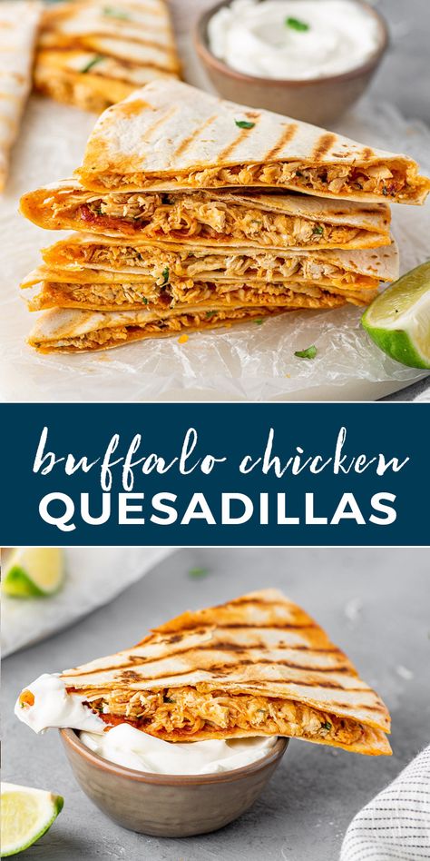 Buffalo Chicken Quesadillas loaded with rotisserie chicken, buffalo sauce, ranch, and lots of cheese. These DELICIOUS extra crispy quesadillas are SO easy to make and are ready in just 15 minutes! Low Carb Buffalo Chicken Quesadilla, Low Carb Chicken Quesadilla, Buffalo Chicken Dinner Ideas, Buffalo Chicken Meal Prep, Meal Prep Buffalo Chicken, Quick Buffalo Chicken, Buffalo Chicken Quesadilla, Chicken Buffalo, Shredded Rotisserie Chicken