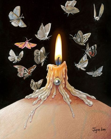 Surreal Universal -Art- | “Moth to a flame” 🦋🕯🦋 by Joyce Lee | Facebook Joyce Lee Art, Moth To A Flame Aesthetic, Like A Moth To A Flame, Woman In Flames Art, Moth To A Flame Painting, Moth Artwork, Dark Picture, Bee Surrealism, Moth To A Flame