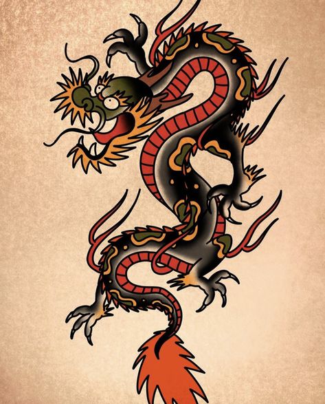 Old School Dragon Tattoo, Traditional Tattoo Dragon, Old School Tattoo Sleeve, Dragon Tattoo Stencil, Traditional Japanese Tattoo Flash, Dragon Head Tattoo, Traditional Tattoo Inspiration, American Traditional Tattoo Ideas, Traditional Tattoo Ideas