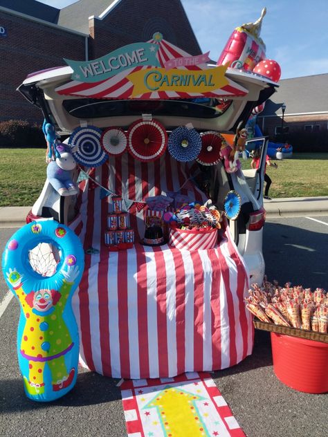 Big Top Trunk Or Treat, Carnival Themed Trunk Or Treat Ideas, Trunk Or Treat Ideas For Cars Carnival, Carnival Truck Or Treat, Carnival Trunk Or Treat Ideas For Suv, Circus Tent Trunk Or Treat, Trunk Or Treat Cotton Candy, Carnival Themed Trunk Or Treat, Trunk Or Treat Carnival Theme