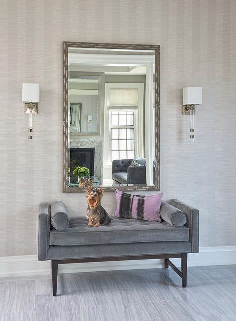 Striped Walls Bedroom, Wallpaper Foyer, Entryway Bench Decor, Entrance Bench, Foyer Ideas Entryway, Foyer Wall, Hall Wallpaper, Restful Bedrooms, Georgian Interiors