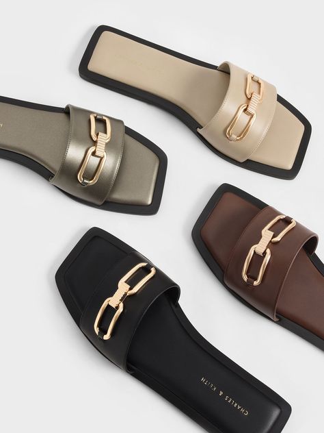 Brown Metallic Accent Padded Slide Sandals - CHARLES & KEITH US Fancy Slippers, Charles And Keith Shoes, Brown Slides, Padded Sandals, Fancy Sandals, Ladies Slippers, Fashion Shoes Sandals, Handmade Sandals, Ladies Sandals