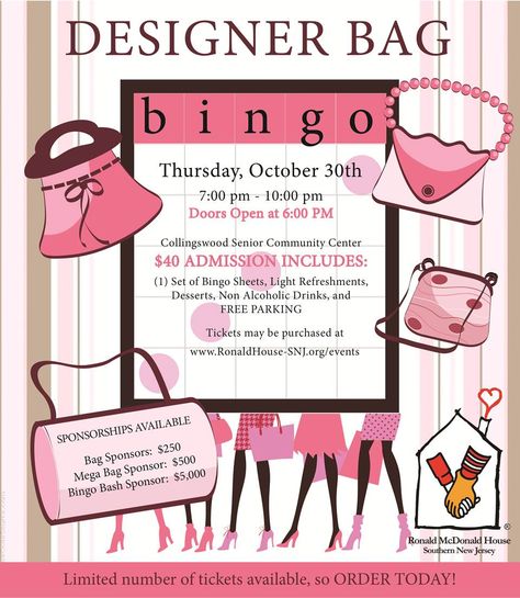 RMH Southern New Jersey Designer Bag Bingo Thursday, October 30, 2014 Collingswood Community Center 30 West Collings Avenue Collingswood, NJ 08108 Bag Bingo Fundraiser, Bingo Fundraiser, Fundraiser Bake Sale, Purse Bingo, Wine Pull, Tricky Tray, Coach Bags Outlet, Light Drinks, Auction Baskets