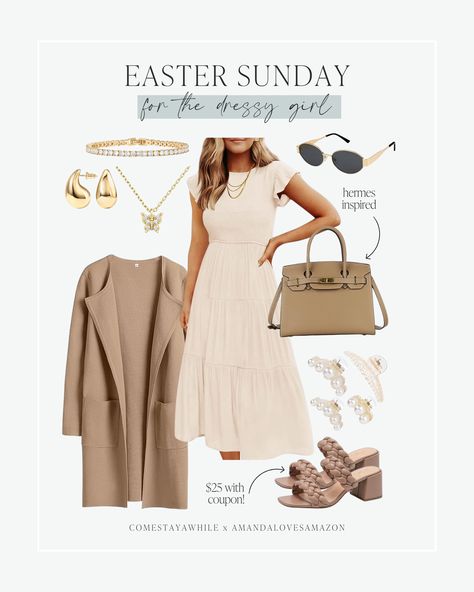 Elevated Easter looks for less. Dressy outfit for Easter Sunday. Hermes-inspired purse, Cute neutral outfit accessories, Celine sunglasses look alike, Gold jewelry, Cute high heels, Tan maxi dress, and Pearl hair accessories. Follow comestayawhile for more authentic, affordable DIY home renovations, home decor, fashion picks, beauty favorites, humor, parenting, and more. Amandalovesamazon shops for budget friendly neutral, modern farmhouse home decor, beauty products, and mom fashion styles. Tan Heels Outfit Dressy, Tan Purse Outfit, Easter Looks, Neutral Modern Farmhouse, Outfit For Easter, Diy Home Renovations, Tan Maxi Dress, Easter Sunday Outfit, Pearl Hair Accessories