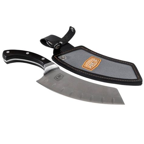 Oklahoma joe's blacksmith cleaver and chef knife with full-tang carbon steel construction has the strength to slice through large cuts of meat and the precision to finely chop vegetables. This 2-in-1 knife features a long, wide and dimpled blade to tackle a variety of foods with ease. The protective holster provides easy access and storage. Add the oklahoma joe's 2-in-1 blacksmith cleaver and chef knife to your collection today. Knife Template, Grilling Utensils, Types Of Knives, Cleaver Knife, Gadgets Kitchen Cooking, Stainless Steel Accessories, Grilling Tools, Cooking Accessories, Cool Knives