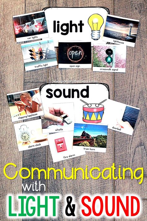 Teach student about communicating with light and sound using a sorting activity.  Students sort the pictures and tell what the light or sound communicates to us.  Great to incorporate into a light and sound unit for kindergarten and first grade. Teaching Sound, Sound Experiments, Sound Science, Light Science, First Grade Lessons, Sound Energy, 1st Grade Science, First Grade Science, Light Activities