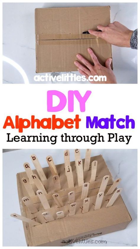 Alphabet Cardboard Box Activities For Kids - Active Littles Cardboard Ideas For Kids, Cardboard Box Activities, Box Activities, Learn Letters, Marker Crafts, Cardboard Box Crafts, Alphabet Matching, Kid Friendly Activities, Easy Arts And Crafts