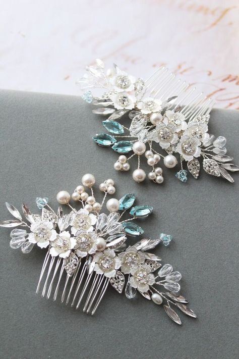 Faceless Assassin, Silver And Blue Wedding, Prom Headpiece, Pearl Bridal Hair Comb, Wedding Flower Hair Pieces, Blue Headpiece, Pearl Hair Comb Wedding, Blue Wedding Hair, Flower Hair Piece