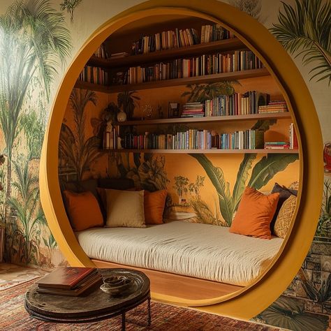 Discover the art of cozy design with this stunning trio of reading nooks, each offering a unique blend of warmth, comfort, and creativity. From the nature-inspired circular alcove surrounded by lush murals, to the rustic orange-hued retreat bathed in soft, ambient lighting, and finally the earthy, curved haven adorned with botanical patterns — these spaces invite relaxation and inspire imagination. Whether you’re looking to escape with a book or create your own dream-like interiors, these spa... Magical Reading Nook, Boho Book Nook, Reading Nook Aesthetic, Office Alcove, Cozy Book Nook, Small Home Library, Bedroom Reading Nook, Writing Nook, Reading Nook Ideas